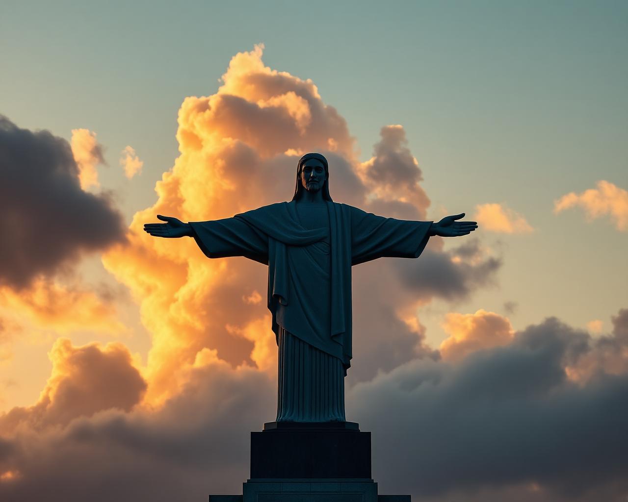 Cristo Redentor iluminado por la luz dorada del atardecer sobre Río de Janeiro