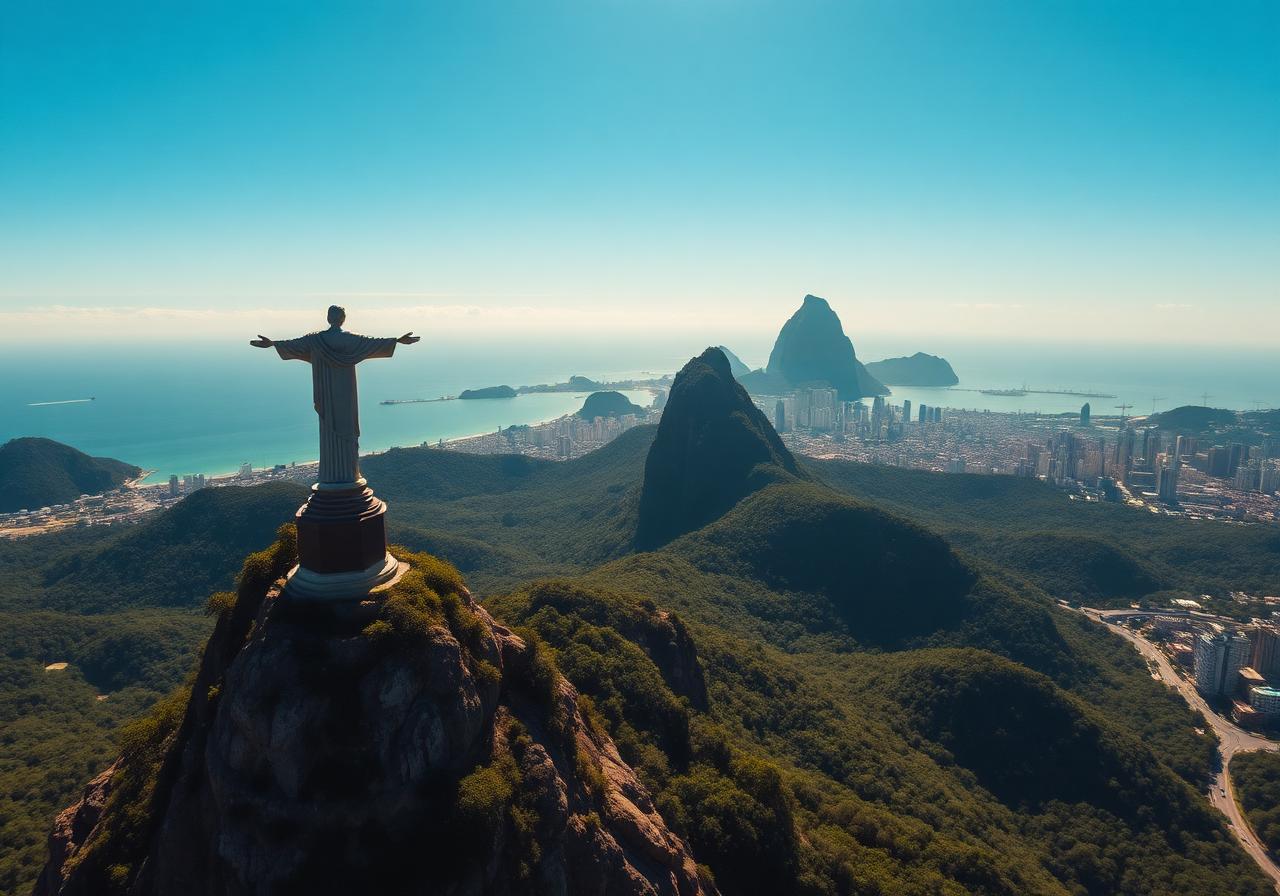 Cristo Redentor sobre Corcovado con vista al Pão de Açúcar y la bahía de Río en día soleado