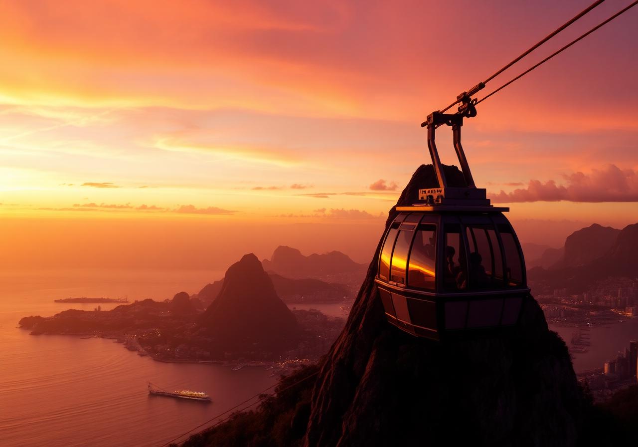 Teleférico del Pão de Açúcar al atardecer con cielo naranja sobre Río de Janeiro